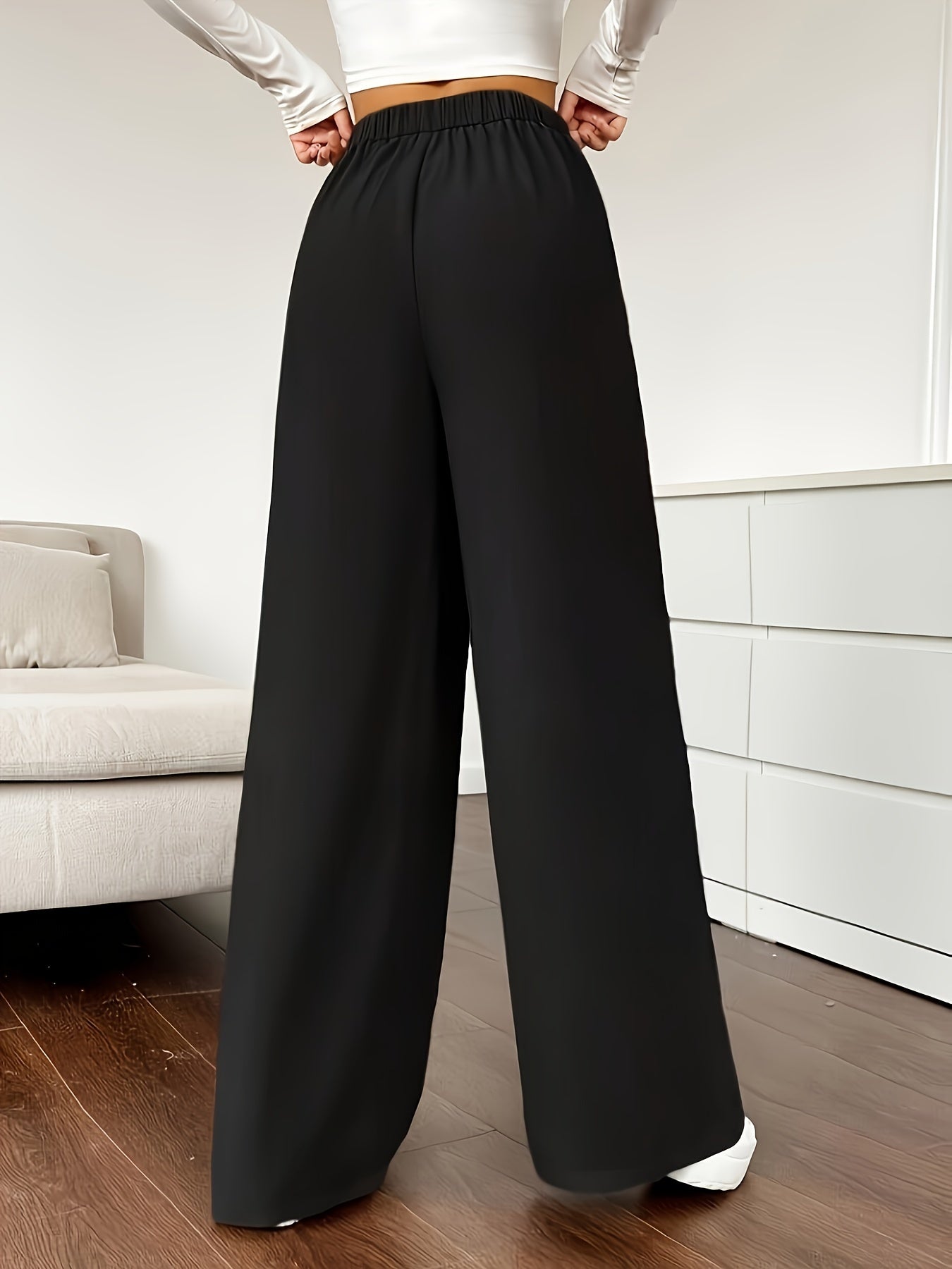 Solid Color High Waist Pants, Elegant Dual Pockets Wide Leg Pants For Spring & Summer, Women's Clothing