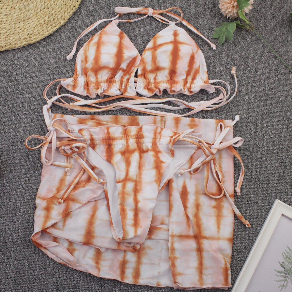 Sexy 3 Piece Bikini Set With Cover Up Beach Dress Tie Dye Push Up  Biquini Brazilian Swimwear Women Thong Bikinis Mujer