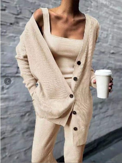 Solid color knitted jacket three piece set