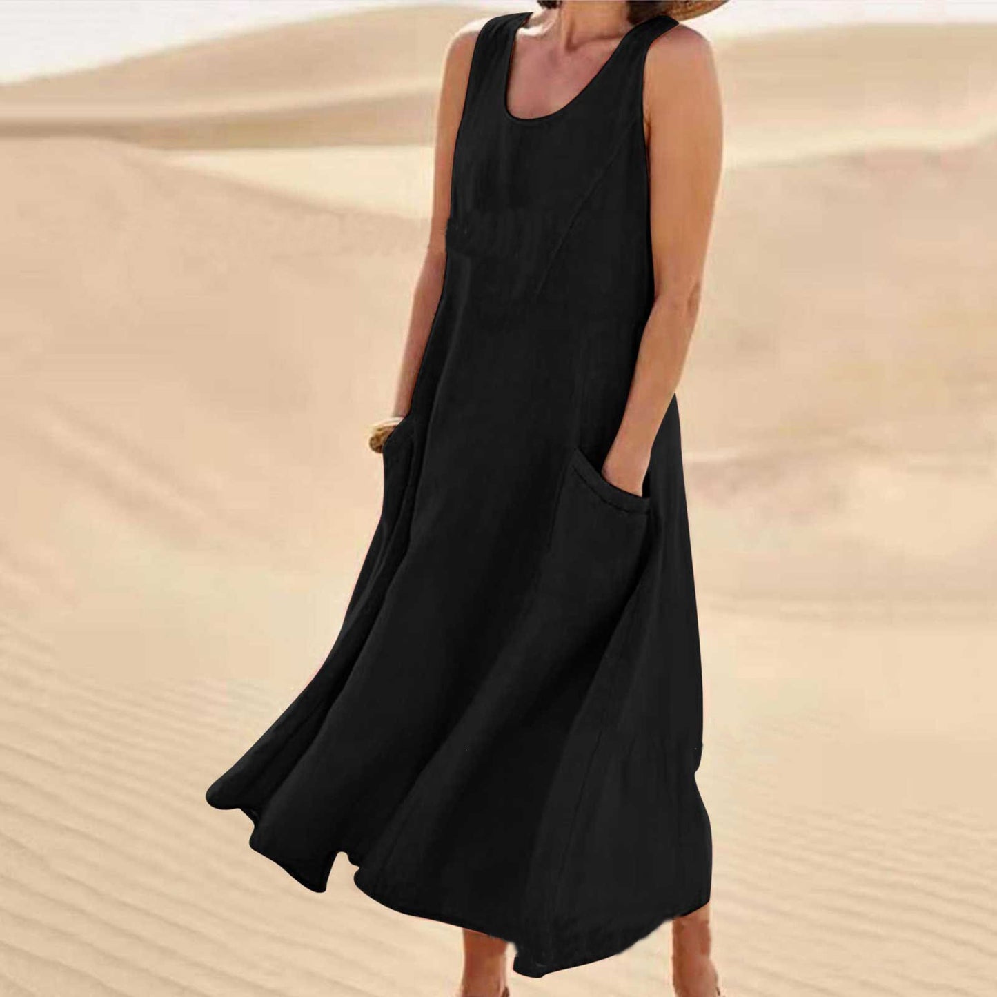 Pocket sleeveless round neck women's cotton and linen dress