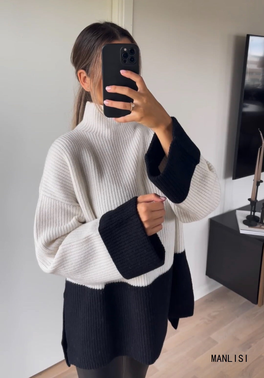 Women Knitted Patchwork Sweaters Slim Pullovers Mock Neck Long Sleeve Female Top