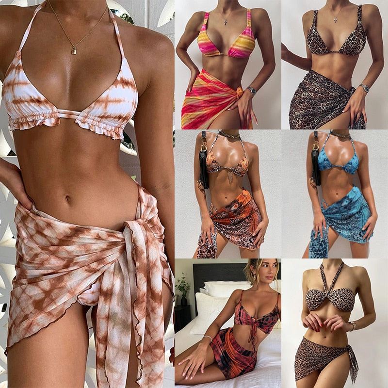 Sexy 3 Piece Bikini Set With Cover Up Beach Dress Tie Dye Push Up  Biquini Brazilian Swimwear Women Thong Bikinis Mujer