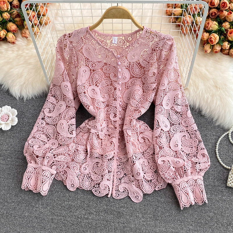 Herbst Neue Vintage Palace Stil Super Fee Design Rundhals Aushöhlen Haken Blume Spitze Hemd Western Kurze Top 