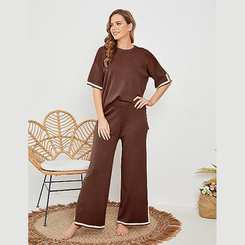 New summer knitted suit sweater suit short-sleeved pullover wide-leg pants - Mammalook