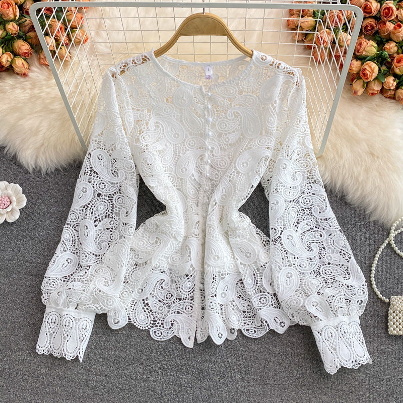 Herbst Neue Vintage Palace Stil Super Fee Design Rundhals Aushöhlen Haken Blume Spitze Hemd Western Kurze Top 