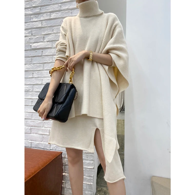 New fashion style Cashmer irregular Knitted Sweater Dress set Female Loose 2 piece suit outfit - Mammalook