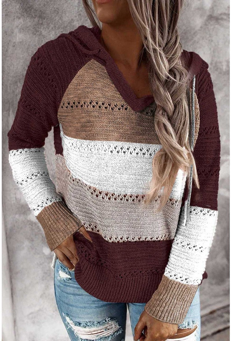 Autumn Winter Sweaters Women Hollow Long Sleeve Sweater Hoodie Tops V Neck Patchwork Casual Knitted Elegant Pullover Jumper