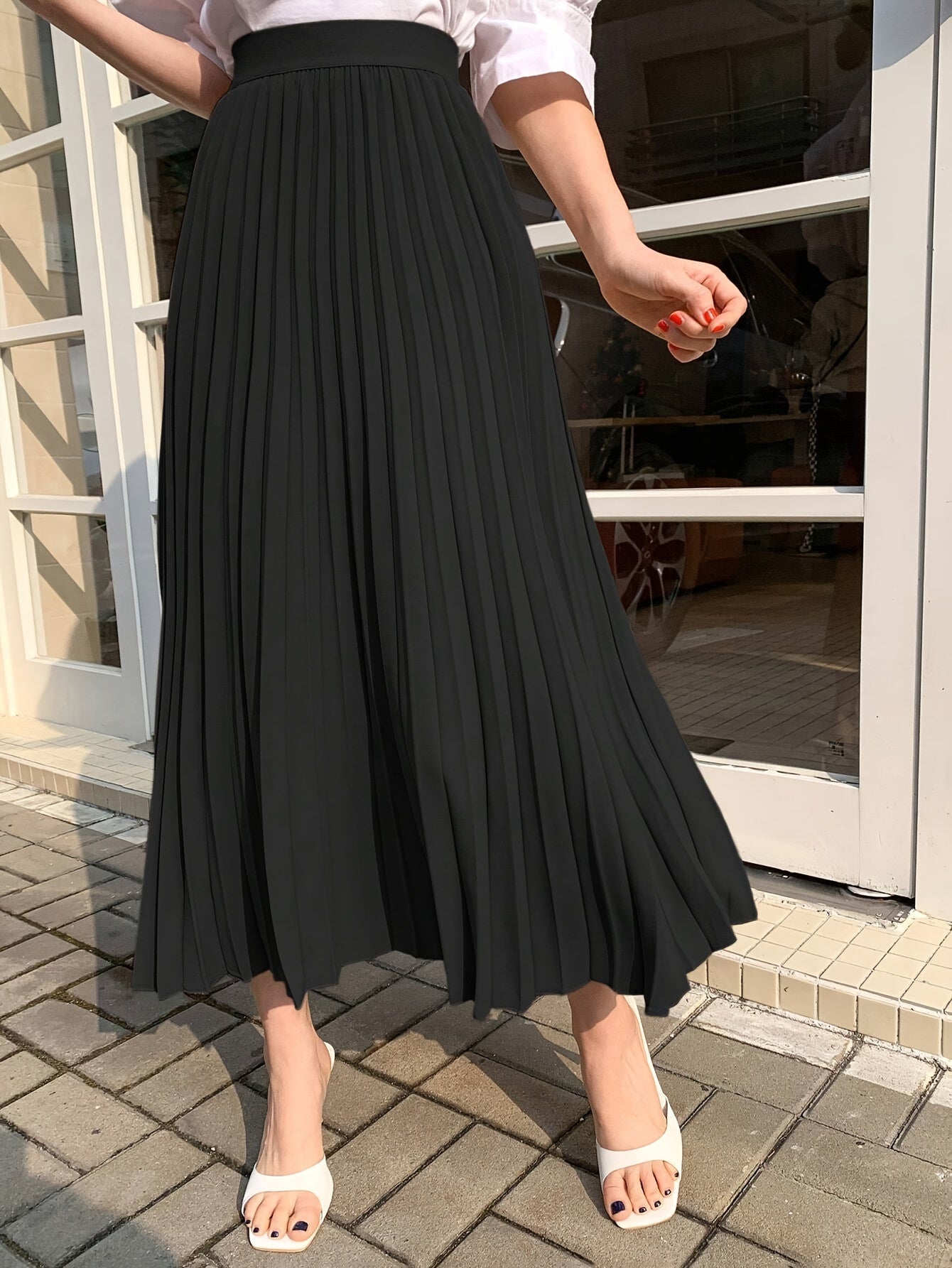 Solid Color Elastic High Waist Skirt, Elegant A-line Pleat Midi Skirt For Spring & Summer, Women's Clothing