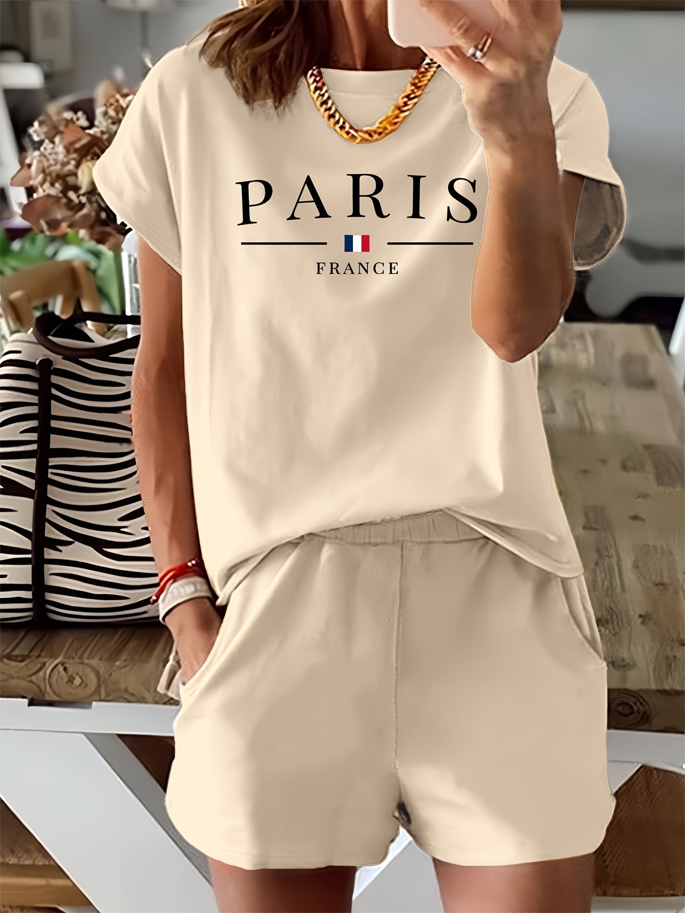 Women's Casual Two-Piece Set: 'Paris' Print Crew Neck Short Sleeve T-Shirt & Elastic Waist Slant Pocket Shorts