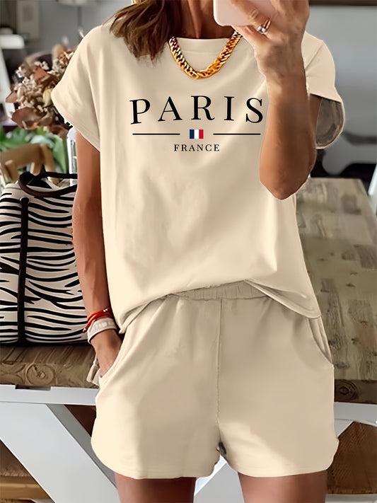 Women's Casual Two-Piece Set: 'Paris' Print Crew Neck Short Sleeve T-Shirt & Elastic Waist Slant Pocket Shorts