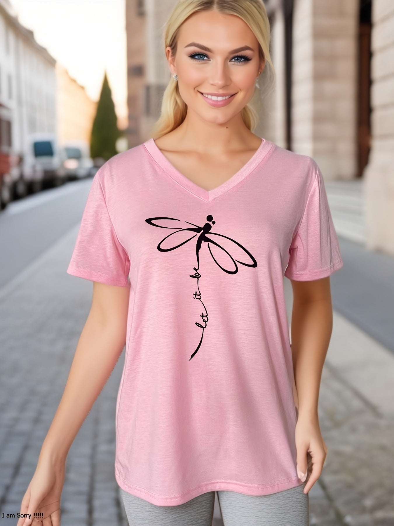 Dragonfly & Letter Print V Neck T-shirt, Casual Short Sleeve T-shirt For Summer, Women's Clothing