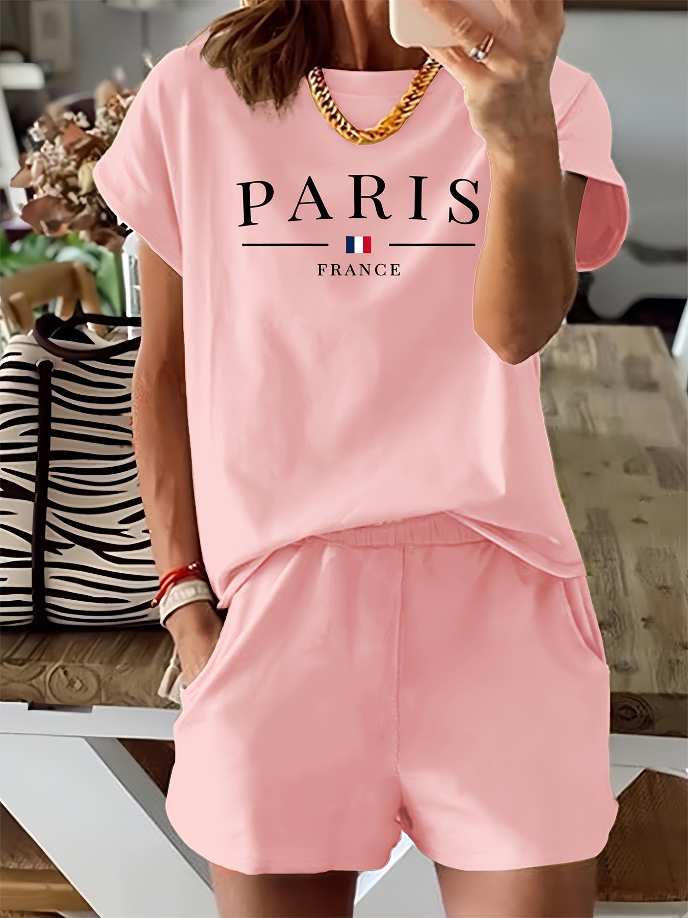 Women's Casual Two-Piece Set: 'Paris' Print Crew Neck Short Sleeve T-Shirt & Elastic Waist Slant Pocket Shorts