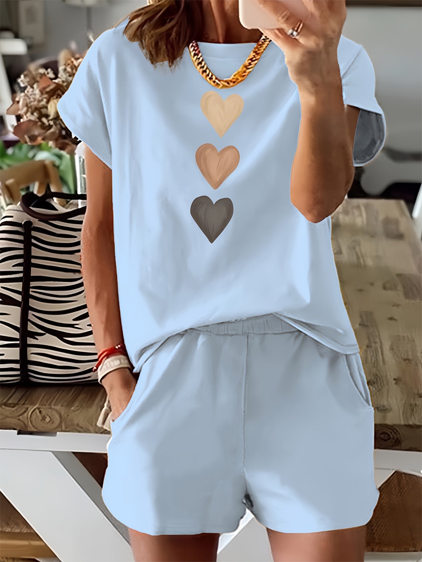 Heart Print Casual Two Piece Set, Crew Neck Short Sleeve T-shirt & Elastic Waist Slant Pocket Shorts Outfits, Women's Clothing