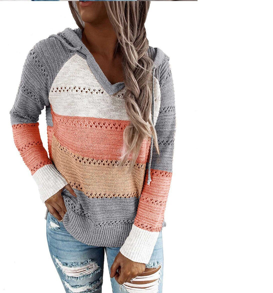 Autumn Winter Sweaters Women Hollow Long Sleeve Sweater Hoodie Tops V Neck Patchwork Casual Knitted Elegant Pullover Jumper