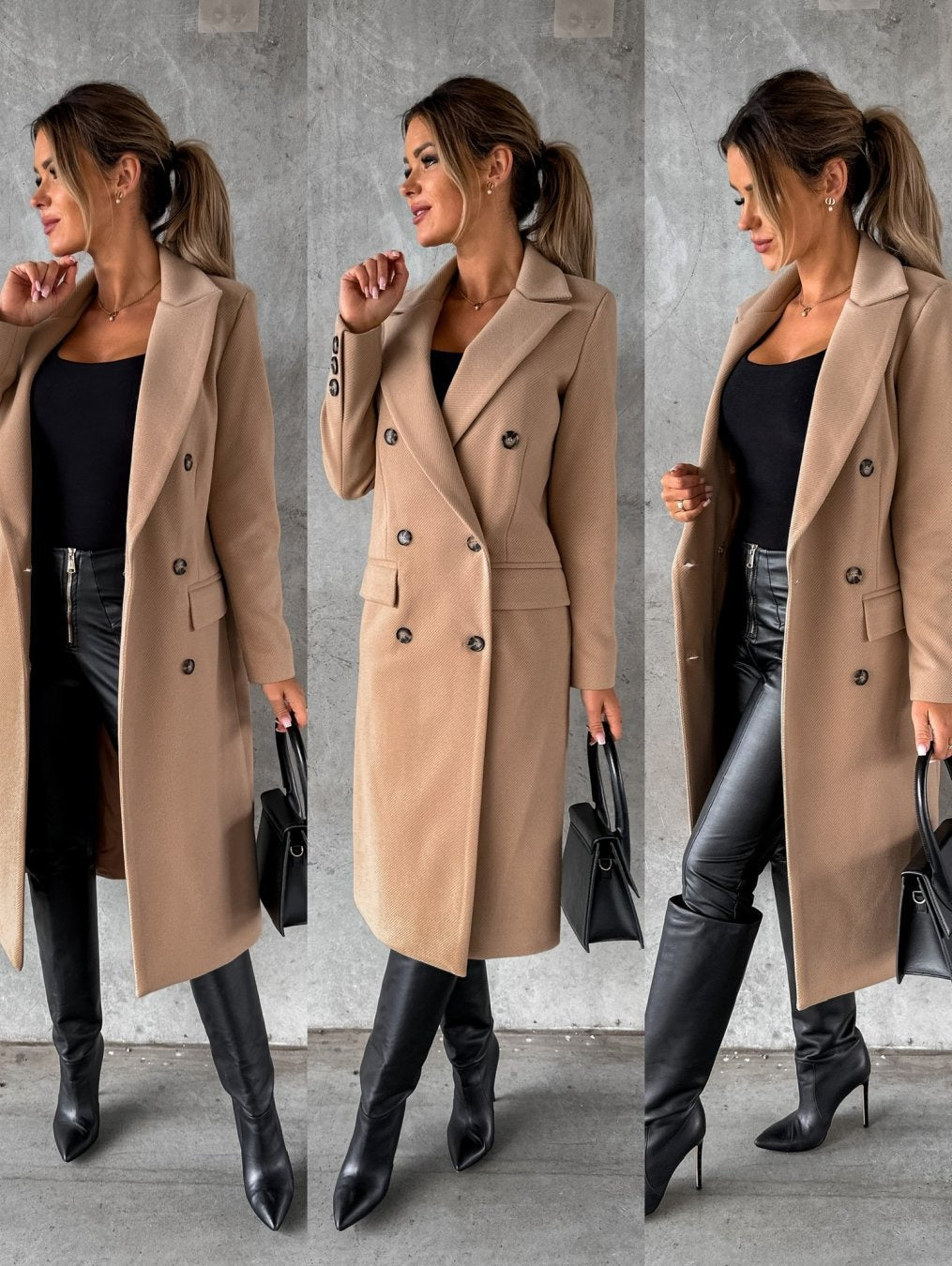 Fashionable Minimalist Long-Sleeved Double-Breasted Woolen Jacket for Women