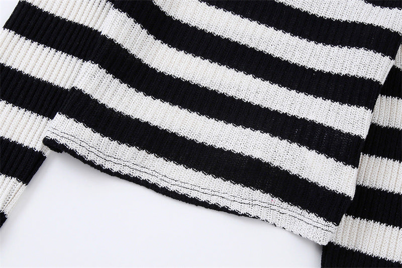 Autumn Women's Black And White Striped Top+Elastic Knitting Skirt Suit