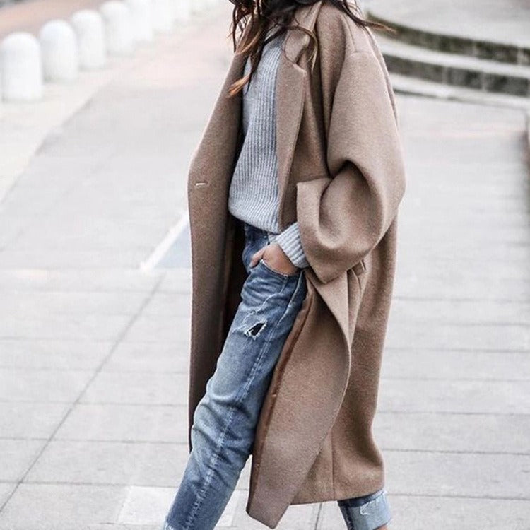 Women's Casual Long Solid Color Woollen Jacket