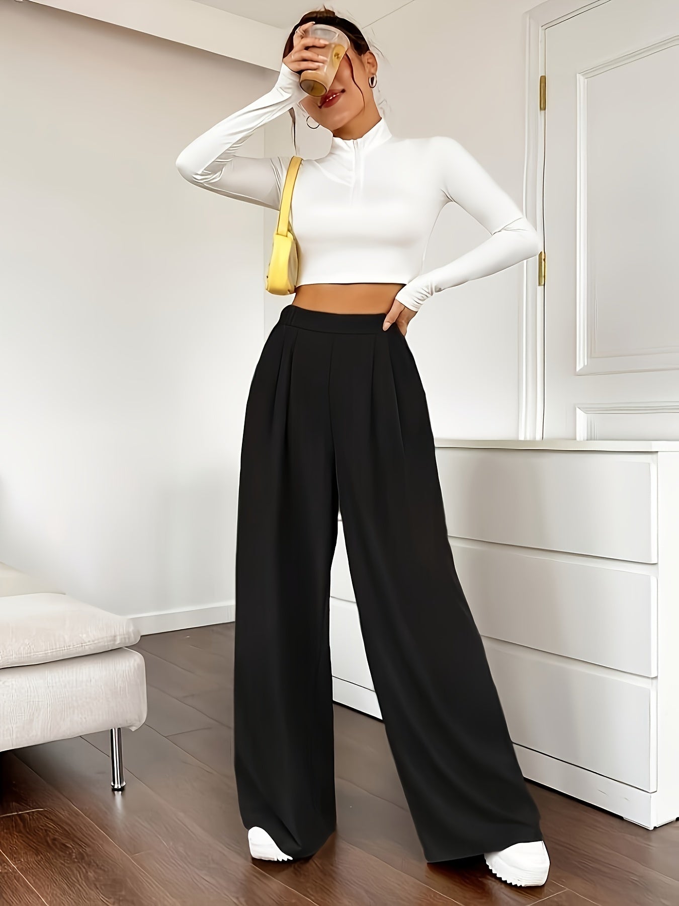 Solid Color High Waist Pants, Elegant Dual Pockets Wide Leg Pants For Spring & Summer, Women's Clothing