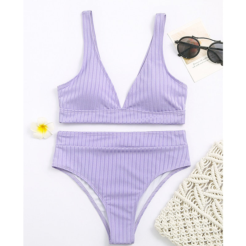 Peachtan Sexy solid ribbed bikinis 2021 mujer High waist swimsuit women V neck swimwear female Sport bathing suit Stripe biquini