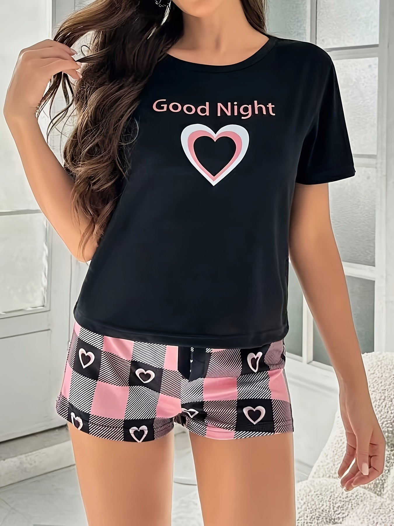 Cozy Heart & Letter Print Pajama Set - Short Sleeve Round Neck Top & Plaid Shorts - Womens Soft, Stylish Sleep & Loungewear for Nighttime Comfort and Relaxation