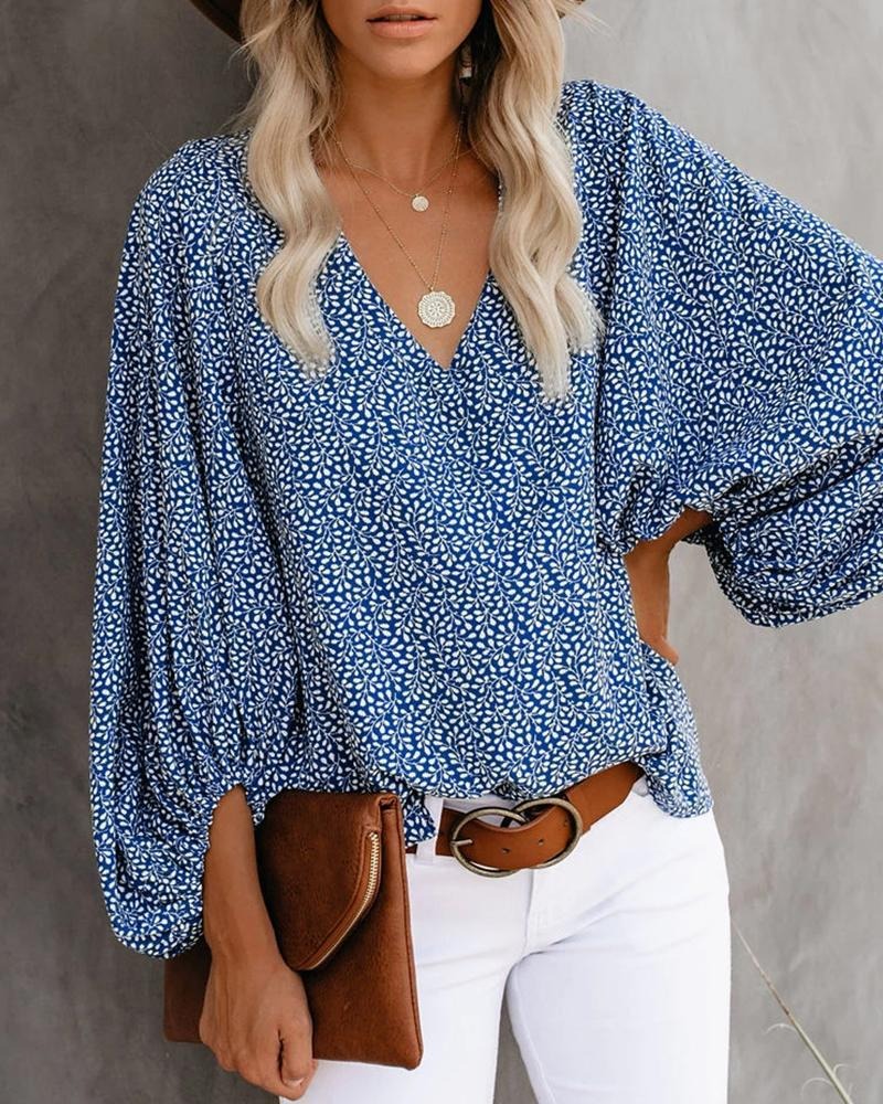 New autumn V-neck casual shirt with printed lantern sleeves for women's clothing