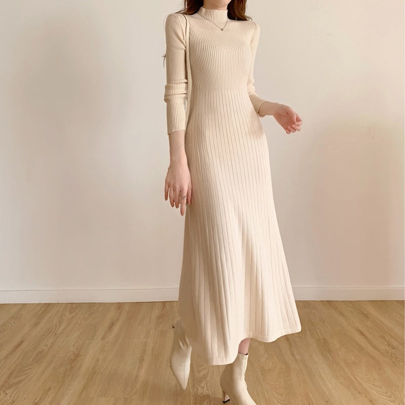 Mid length knee length sweater skirt with a half high collar and a bottom A-line knitted dress for women - Mammalook