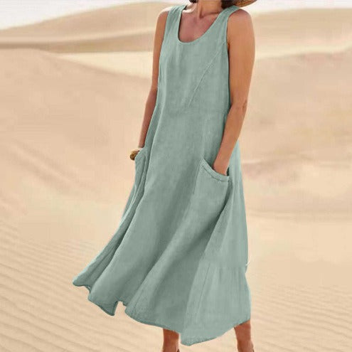 Pocket sleeveless round neck women's cotton and linen dress