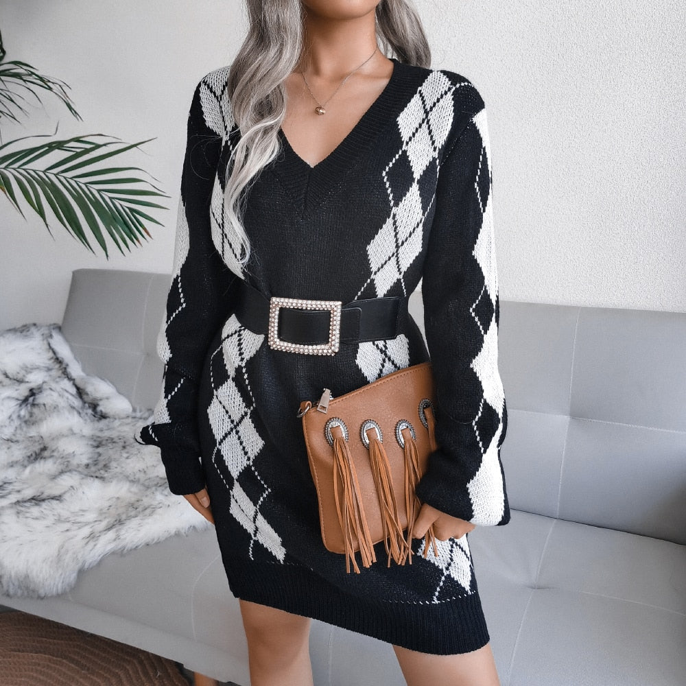 Off Shoulder Knitted Sweater Dresses For Women Autumn Winter Lantern Long Sleeve Dress Ladies Casual Dress White Black