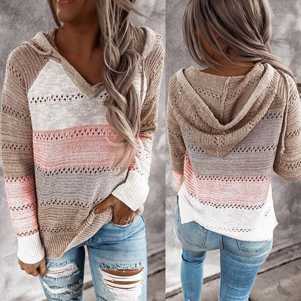 Autumn Winter Sweaters Women Hollow Long Sleeve Sweater Hoodie Tops V Neck Patchwork Casual Knitted Elegant Pullover Jumper