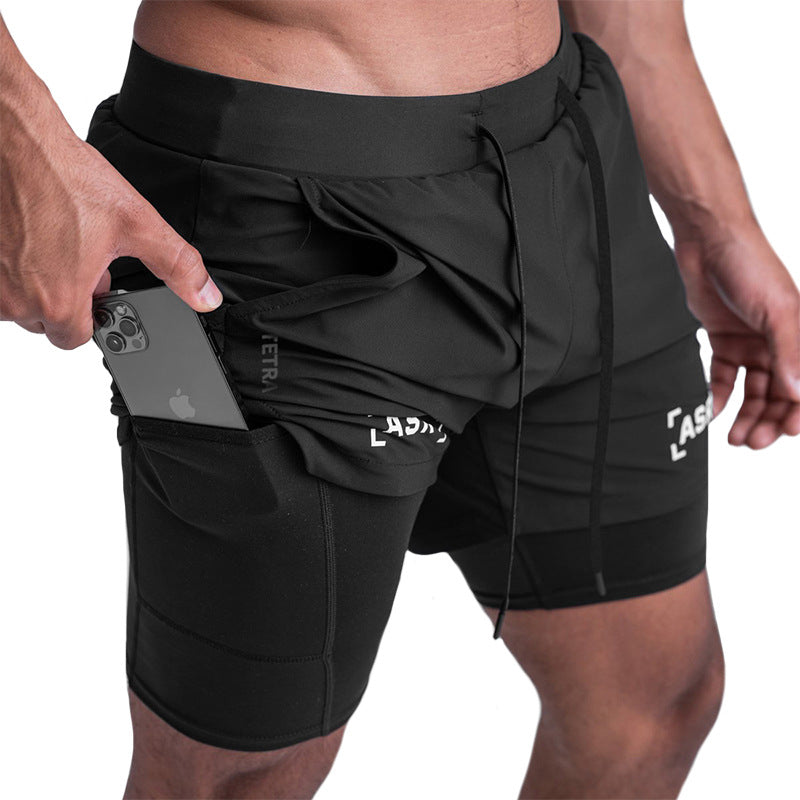 Tragen Sie Sommersportshorts für Herren, gefälschte zweiteilige, schnelltrocknende, doppellagige Basketballhose, Anti-Lauftrainingshose mit fünf Punkten