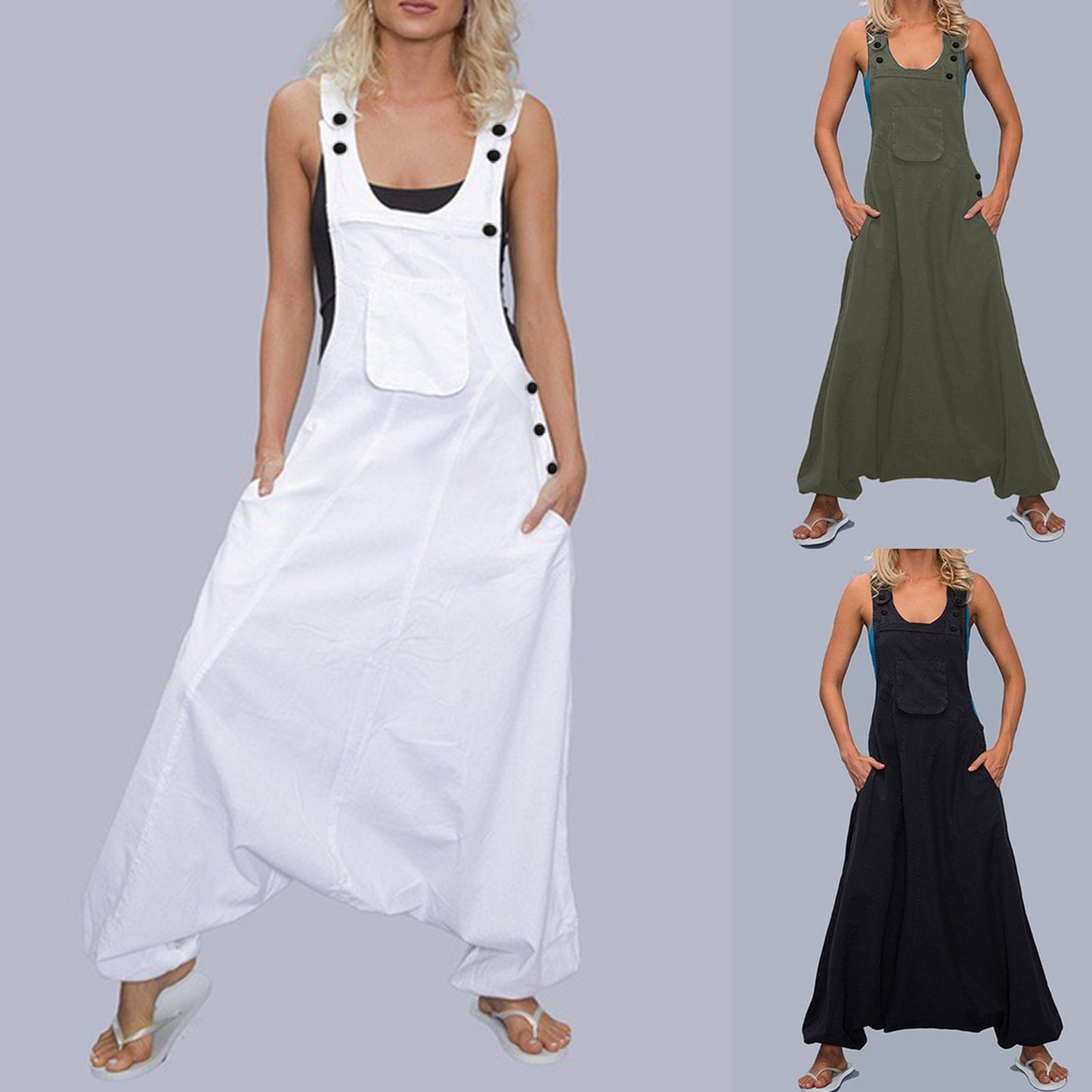 Lockere Jumpsuits für Damen, Haremshose, weite Hose, ärmellos, Taschen, Latz-Overall, siamesische Hose für Damen, große Größe S-2XL