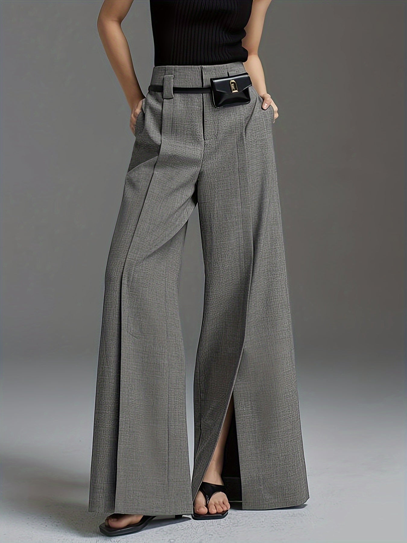 Chic Solid Color Wide Leg Pants - Trendy Casual Split Hem - Ultra-Comfortable Loose Fit for Spring & Summer - Fashionable Womens Suit Pants