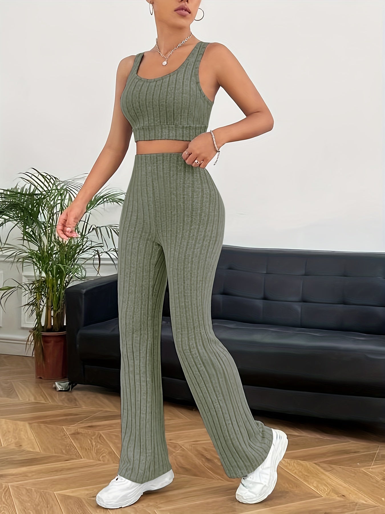 Ribbed Casual Two-piece Set, Crop Tank Top & High Waist Pants Outfits, Women's Clothing