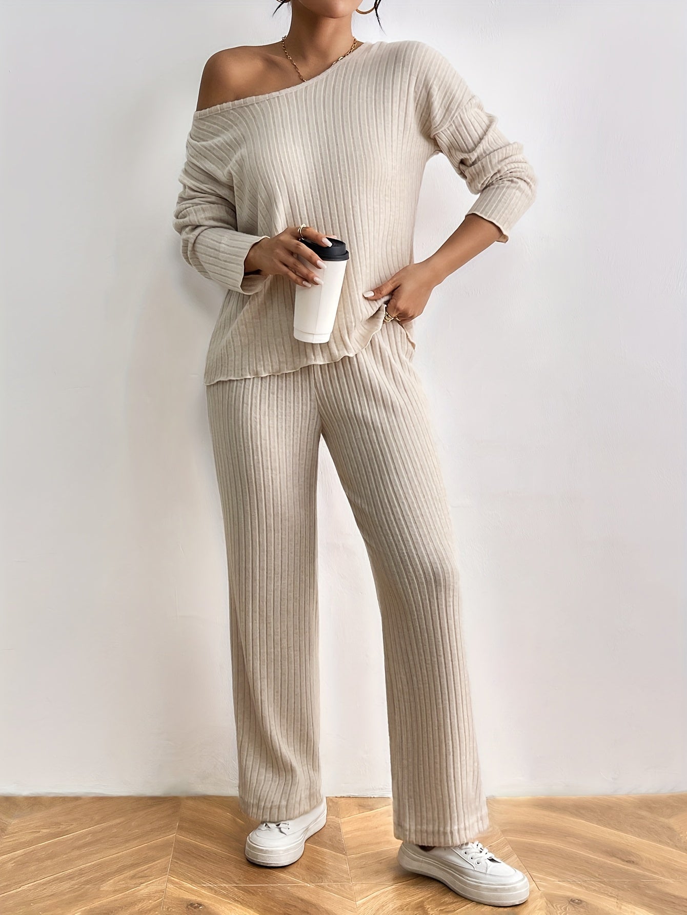 Women's Casual Ribbed Two-Piece Set: V-Neck Long Sleeve Top & Pants