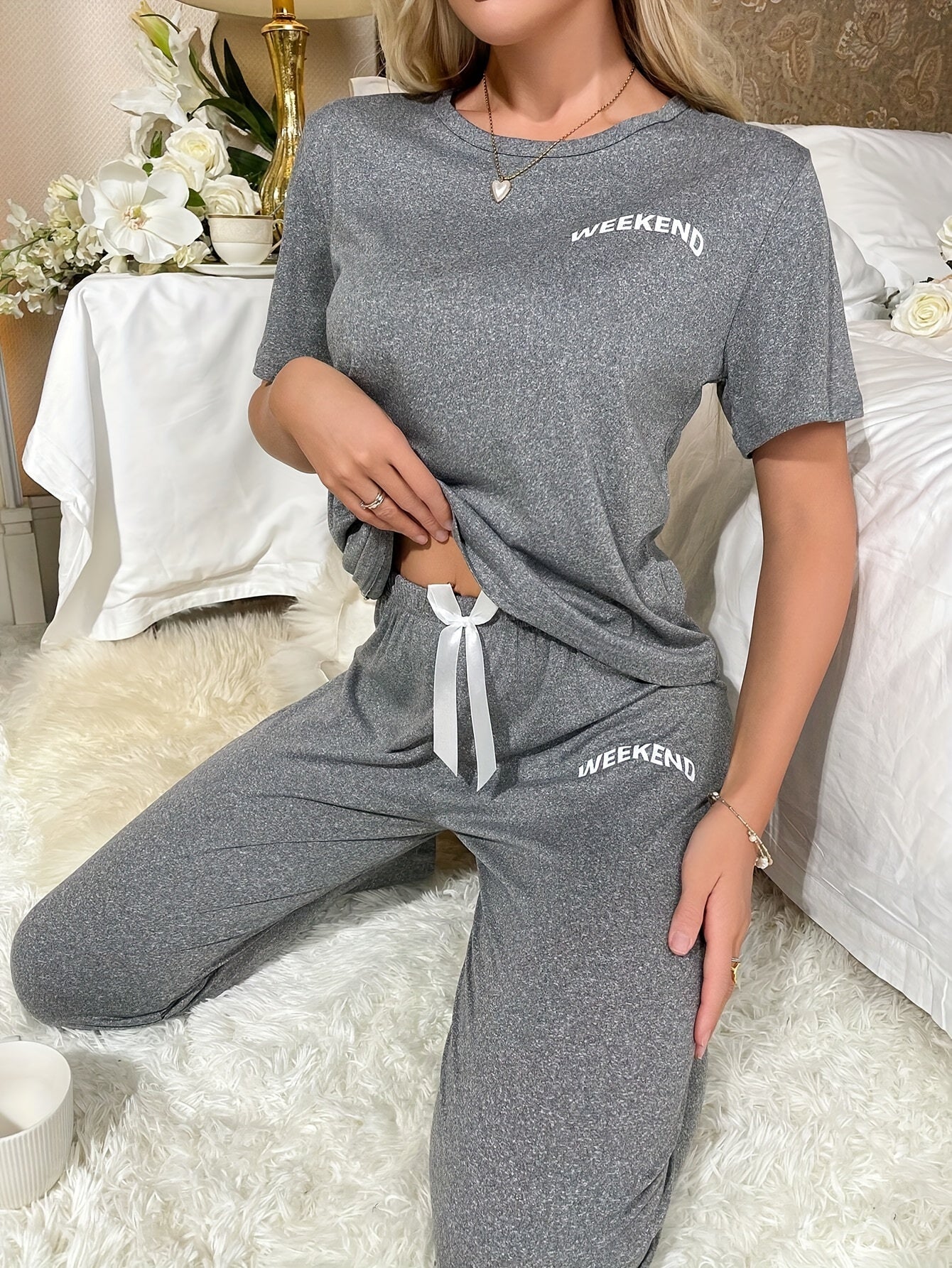 Letter Print Pajama Set, Short Sleeve Crew Neck Top & Elastic Waistband Pants, Women's Sleepwear & Loungewear