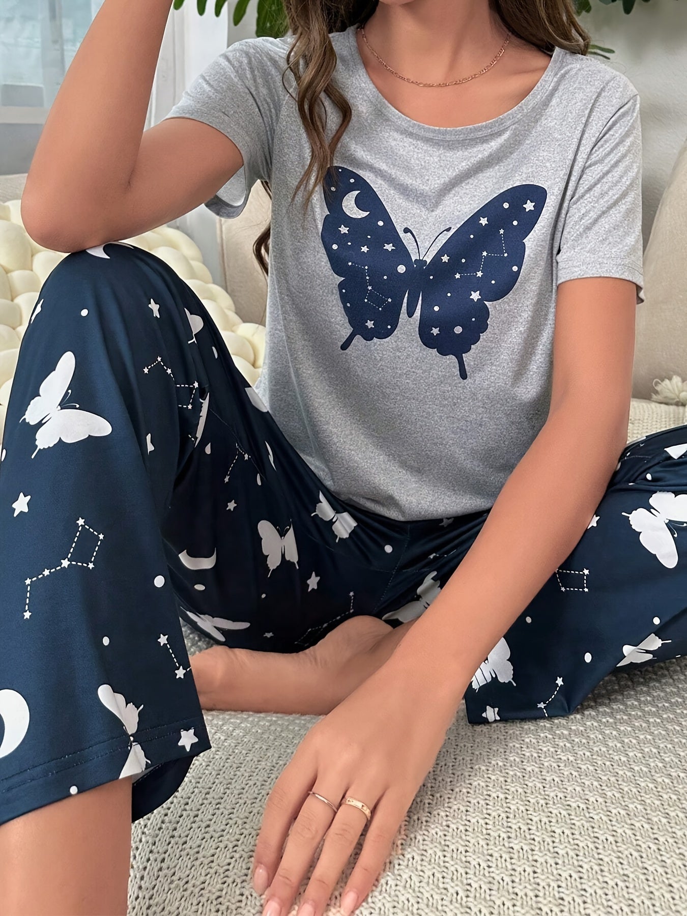 Women's Butterfly & Constellation Print Casual Pajama Set, Short Sleeve Round Neck Top & Pants, Comfortable Relaxed Fit