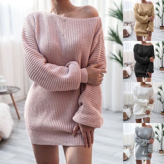 Off Shoulder Knitted Sweater Dresses For Women Autumn Winter Lantern Long Sleeve Dress Ladies Casual Dress White Black