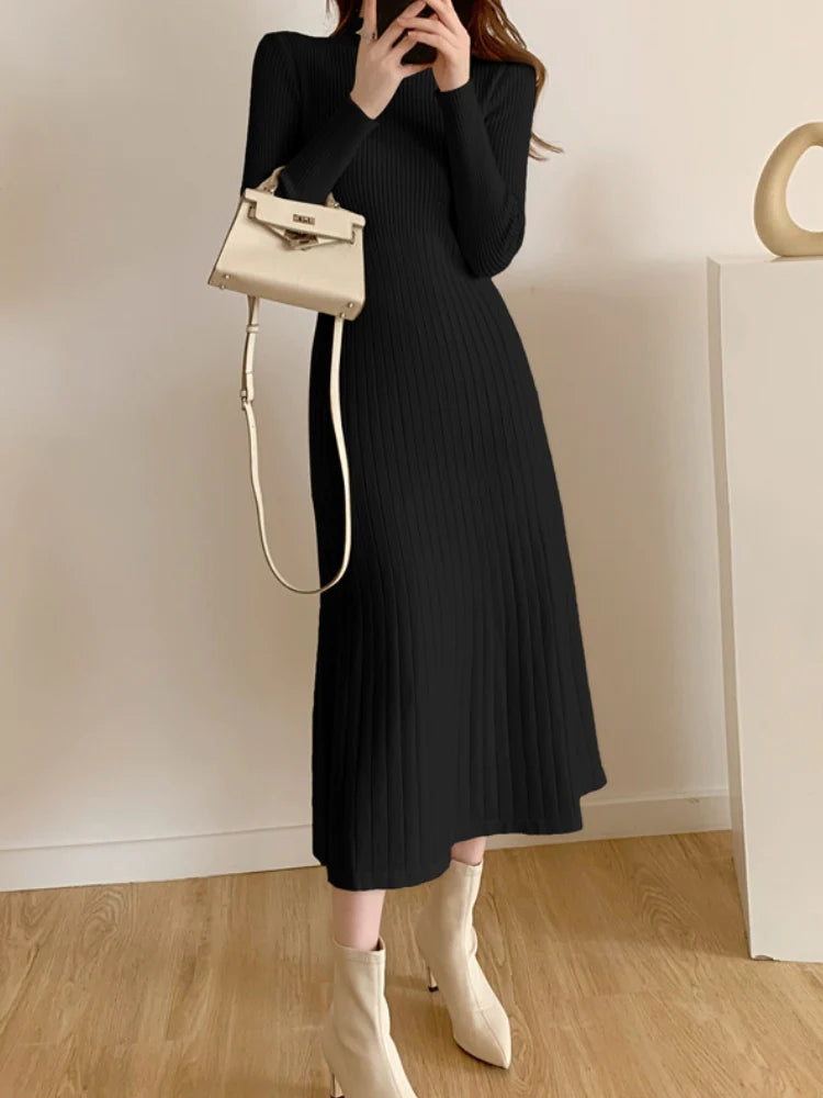 Mid length knee length sweater skirt with a half high collar and a bottom A-line knitted dress for women - Mammalook