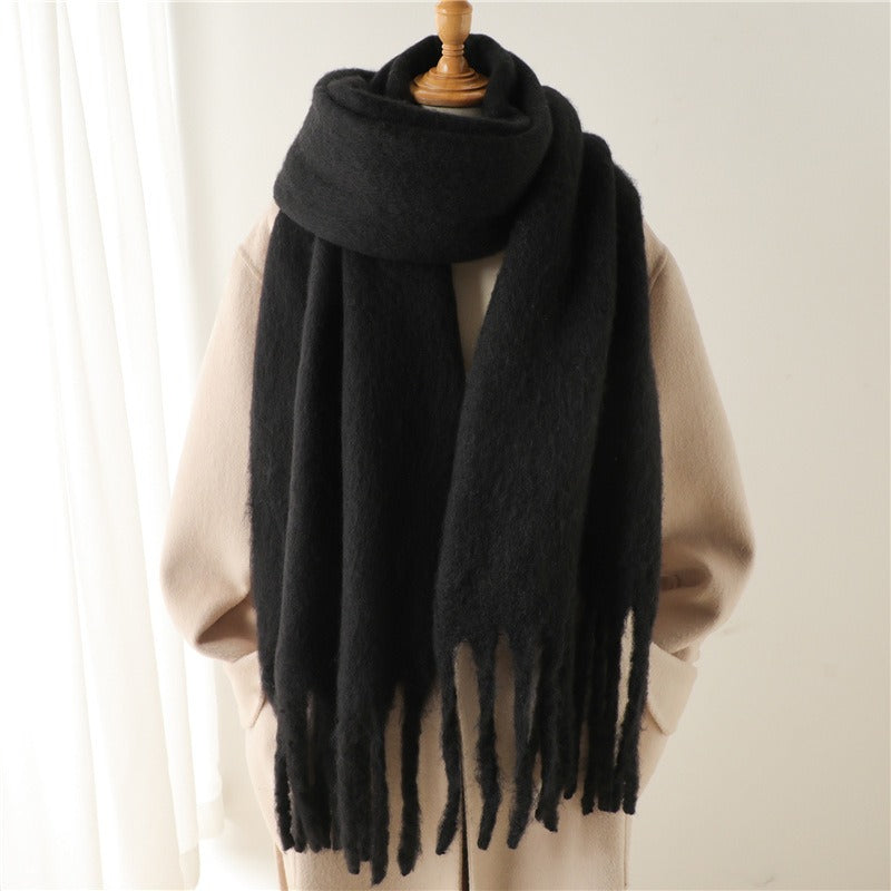 Mohair Scarf Solid Color Versatile Winter Warmth Lengthened Tassel Neck Scarf for Men and Women with Thick Beads Scarf - Mammalook