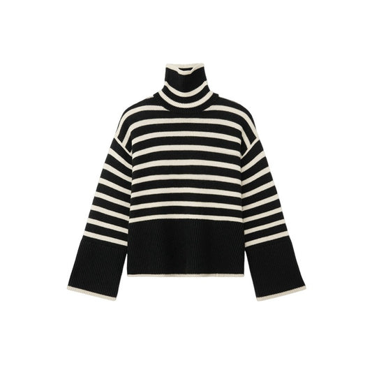 Versatile Knitting Turtleneck Striped Pullover Sweater For Women Long Sleeve Female Simplicity Clothing