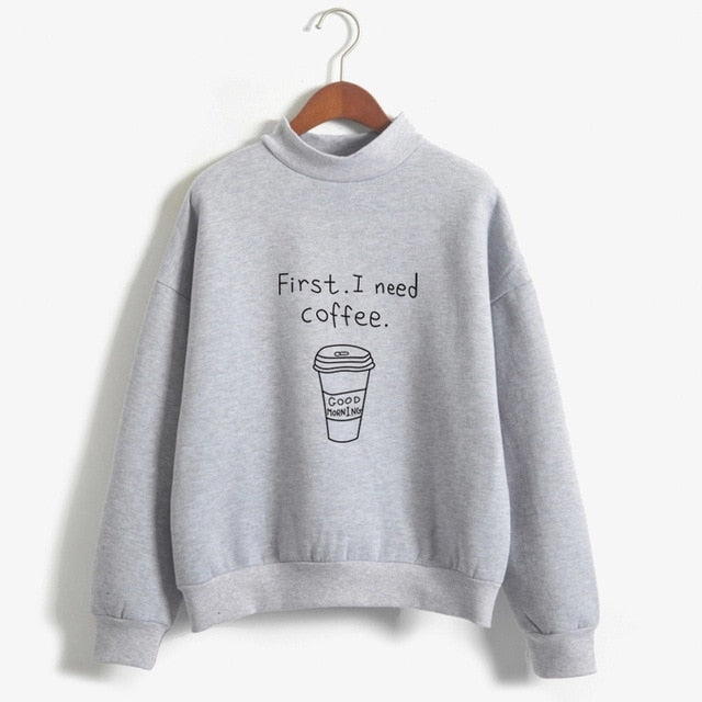 Herbst Winter Frauen Harajuku Hoodies Kawaii I Need Coffee Brief Drucken Sweatshirt Langarm Rollkragen Fleece Mädchen Pullover