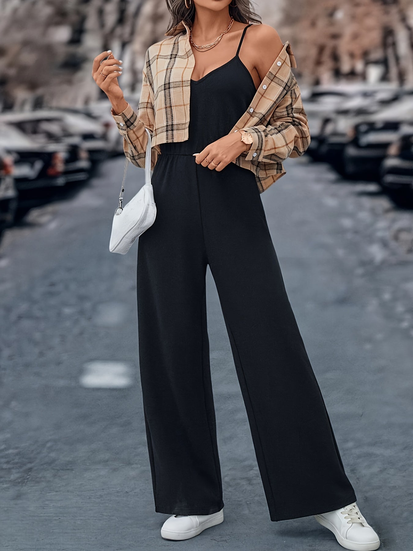 Women’s Casual Two-Piece Set: Plaid Button-Front Shirt & Solid Wide-Leg Jumpsuit - Mammalook