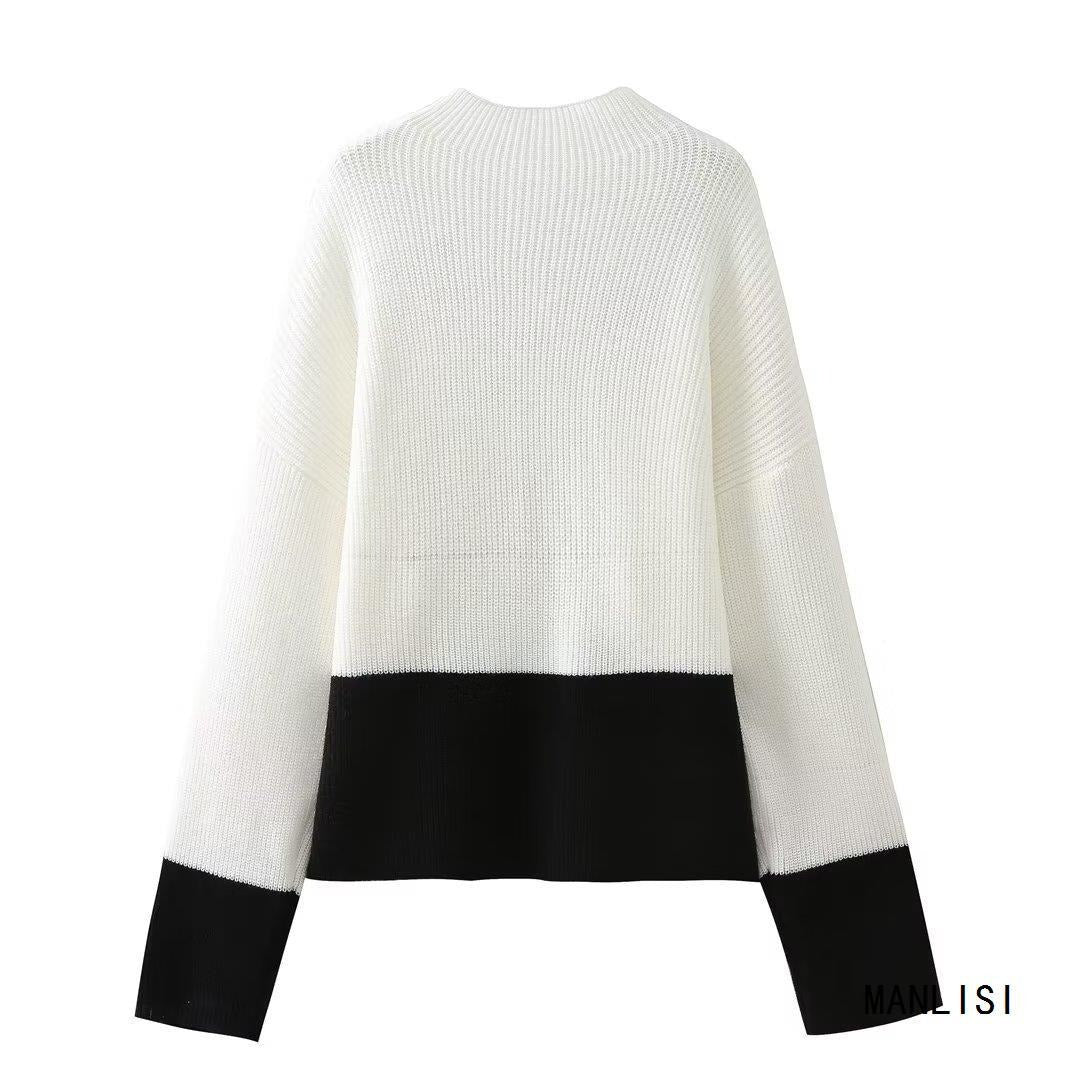 Women Knitted Patchwork Sweaters Slim Pullovers Mock Neck Long Sleeve Female Top