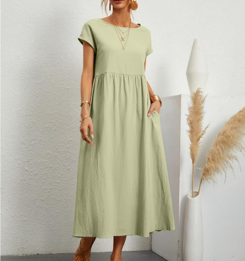 Solid color sleeveless loose pocket cotton linen dress