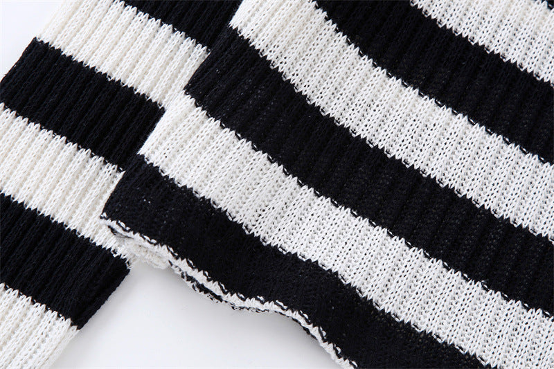 Autumn Women's Black And White Striped Top+Elastic Knitting Skirt Suit