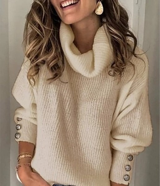 Women Turtleneck Sweaters Autumn Winter Elegant Solid High Collar Knitted Jumper Button Long Sleeve Loose Knitwear Pullovers