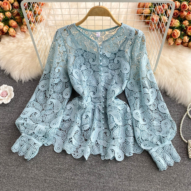 Herbst Neue Vintage Palace Stil Super Fee Design Rundhals Aushöhlen Haken Blume Spitze Hemd Western Kurze Top 