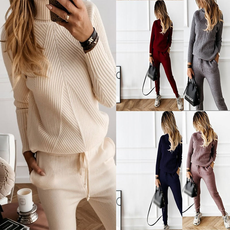 2-teiliges Set mit hohem Kragen, einfarbig, modisch, lässig, Oberteil, Hose, Pullover für Damen