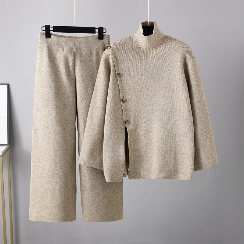 Design Sense Nischen-Stehkragen, offener Rollkragenpullover aus Strick, für Damen, für den Winter, warm, altersreduzierend, lässige Hose mit weitem Bein, zweiteiliges Set 