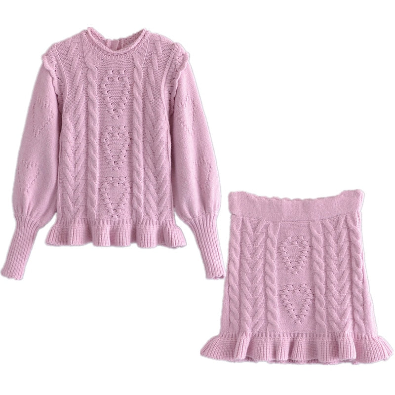 Herbst Einfarbig Gestrickt Twist Puff Langarm Pullover Pullover Rüschen Saum Hohe Taille Mini Rock 1 Set